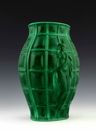 Glamorous French Art Deco Jade Malachite Glass Nude Figural Large Vase