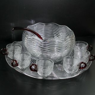 Rare Vintage Duncan Miller Wavy Rippled Glass Punch Bowl Set W/ Six Cups & Tray