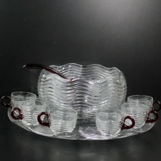 RARE VINTAGE DUNCAN MILLER WAVY RIPPLED GLASS PUNCH BOWL SET W/ SIX CUPS & TRAY 2