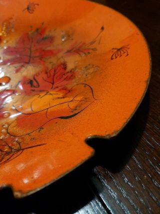 Sascha Brastoff Mid century Enamel Over Copper Orange/Red/Black Floral Ashtray 3