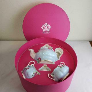 == Royal Albert Polka Blue 3PC Tea Set With Box And One Missing Lid 2