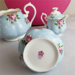 == Royal Albert Polka Blue 3PC Tea Set With Box And One Missing Lid 3
