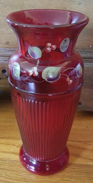 Fenton Red Ruby Ribbed Glass Hand Painted Vase Signed