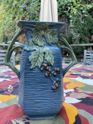 Vintage Roseville Usa Blue Bushberry Vase 33 - 8