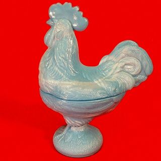 Westmoreland Blue Opaque Milk Glass Standing Rooster Covered Candy Dish