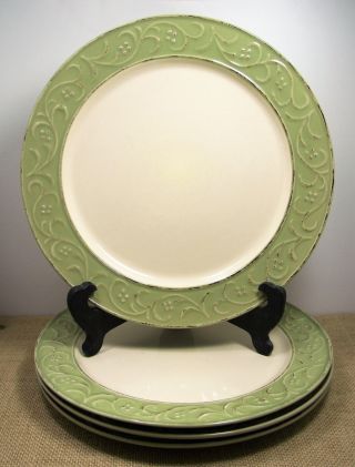 Pier 1 Antique Floral Dinner Plate 11 " Embossed Flowers Green Stoneware Set Of 4