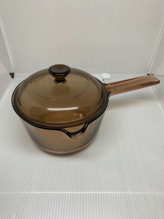 Vintage Corning Pyrex Vision Ware 1 L Amber Glass Pot Pour Spout Sauce Pan Lid
