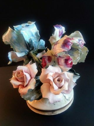 Vintage Nuova Capodimonte Porcelain Vase Roses Florals Blue Pink Purple