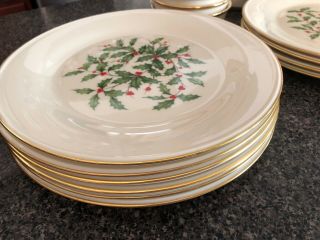 6 Lenox Holiday Holly Dinner Plates 10 3/4” USA 2