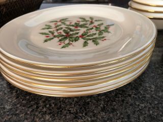 6 Lenox Holiday Holly Dinner Plates 10 3/4” USA 4