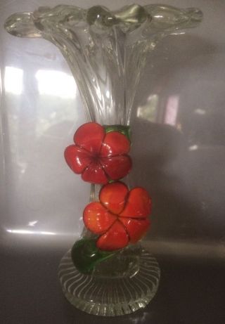 Vintage MURANO Art - Glass Trumpet Vase with Applied Glass Flowers and Stem 2