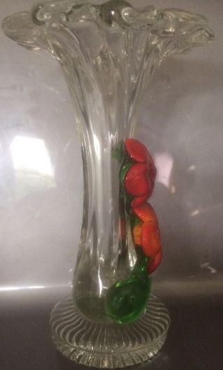 Vintage MURANO Art - Glass Trumpet Vase with Applied Glass Flowers and Stem 3