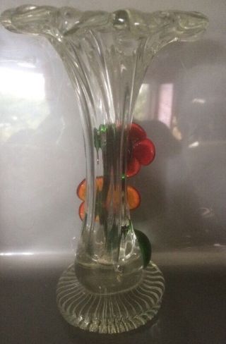 Vintage MURANO Art - Glass Trumpet Vase with Applied Glass Flowers and Stem 4