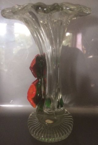 Vintage MURANO Art - Glass Trumpet Vase with Applied Glass Flowers and Stem 5