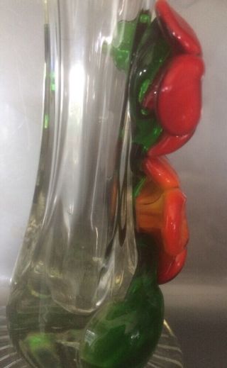 Vintage MURANO Art - Glass Trumpet Vase with Applied Glass Flowers and Stem 6