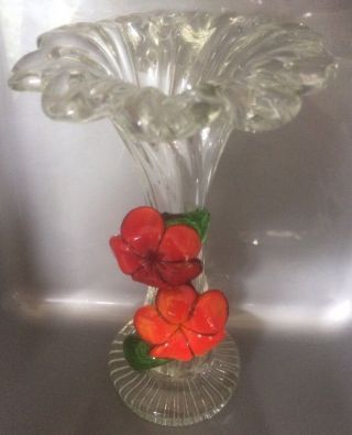 Vintage MURANO Art - Glass Trumpet Vase with Applied Glass Flowers and Stem 8