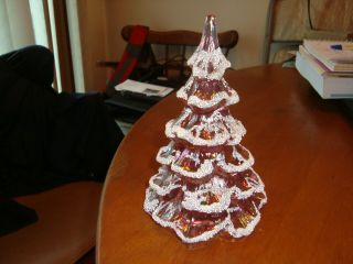 Vintage Fenton Christmas Tree Pink/purple Iridescent Flocked With Gold Bird
