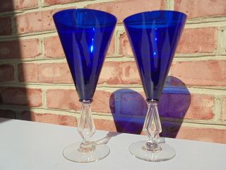 2 Vintage Morgantown Glass Cobalt Blue & Clear Art Moderne Water Goblets 7 3/4 "