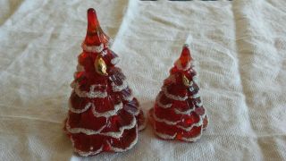 Rare Fenton Ruby Red 3 " & 4 " Handpainted American Christmas Trees With Birds