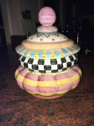 Mackenzie Childs Hand Painted Piccadilly Cookie Jar And Lid 9 "