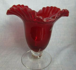 Blenko Hand Crafted Glass Large Ruby Red Vase With Crystal Base