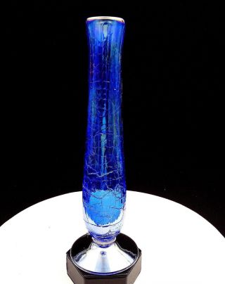 Blenko Art Glass Artist Signed Blue Iridescent Crackle 11 3/8 " Bud Vase 2002