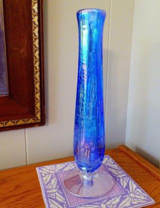 BLENKO ART GLASS ARTIST SIGNED BLUE IRIDESCENT CRACKLE 11 3/8 