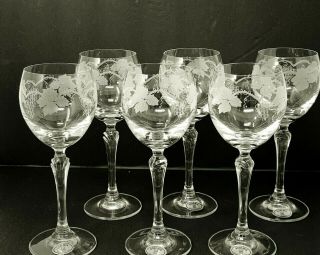 Bohemian Crystal Long Stem Set 6 Wine Glasses Leaves & Grape Etching Czech Label