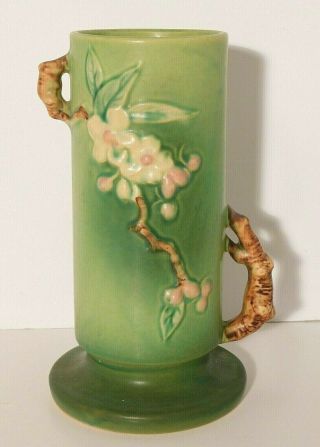 Vtg.  Roseville Apple Blossom Double Handle Green Vase 387 - 9 9 1/2 "