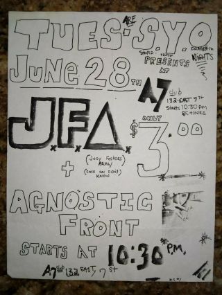 Agnostic Front,  Jfa Rare 1982 Nyhc Punk Flyer,  A7 Club