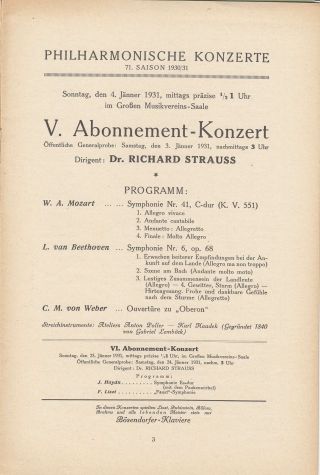 Richard Strauss Mozart Beethoven Vienna Philharmonic 1931 Vintage Program