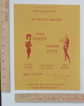 Nina Simone Herbie Mann Jazz Concert Handbill Carnegie Hall Nyc 1963