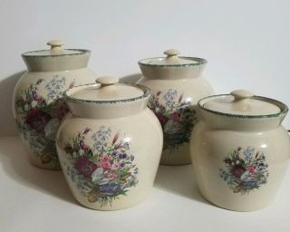 Home And Garden Party Usa " Floral " Stoneware Canisters Set Of 4 W/lids (retired)