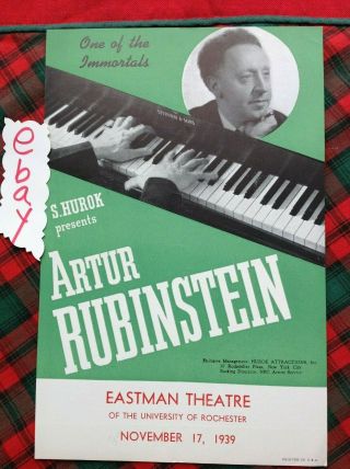 1939 Artur Rubinstein Eastman Theatre Flyer Rochester Box D Handbill Vgc