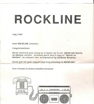 Jackson Browne signed World In Motion CD.  Rockline radio contest. 2