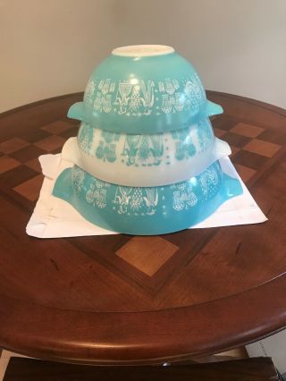 3 Pyrex Turquoise Amish Butterprint Cinderella Mixing Bowls Set 442,  443 & 444