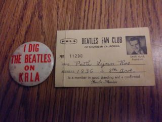 The Beatles 1964 Krla Radio Fan Club Button,  Membership Card Good Cond