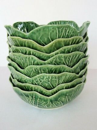 Set Of 8 Bordallo Pinheiro Majolica Cabbage Green Coupe Soup Bowls 6 - 3/4 "