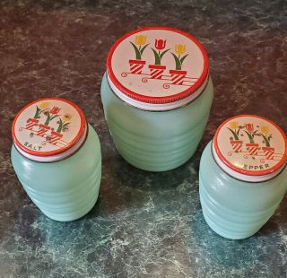 Jadeite Green Glass Ribbed Beehive Salt & Pepper Flour Shaker Set Container Rare