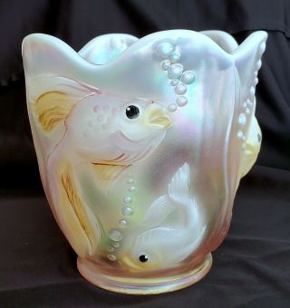 Rare Fenton Art Glass Pink Opalescent Carnival Glass Hand Painted Atlantis Vase 3