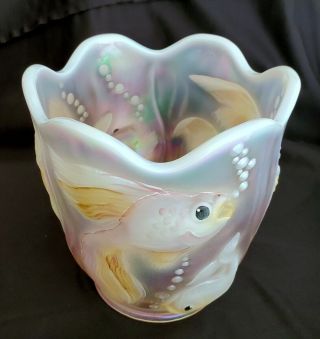 Rare Fenton Art Glass Pink Opalescent Carnival Glass Hand Painted Atlantis Vase 5