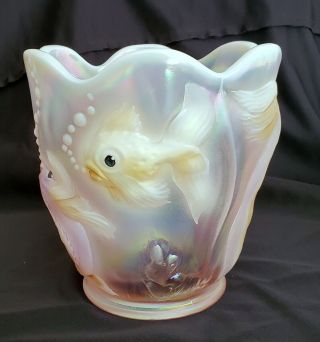Rare Fenton Art Glass Pink Opalescent Carnival Glass Hand Painted Atlantis Vase 6