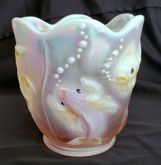 Rare Fenton Art Glass Pink Opalescent Carnival Glass Hand Painted Atlantis Vase 7