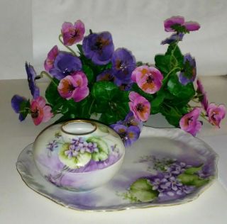 Limoges Dresser Vanity Set Purple Violets Tray Hair Received 1900 