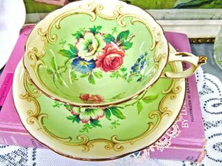 Paragon Tea Cup And Saucer Victorian Pink Rose Floral Pale Green Teacup England