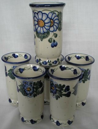 Set Of 6 Polish Pottery 10 Oz Drinking Glasses,  Tumblers Vintage,  Htf