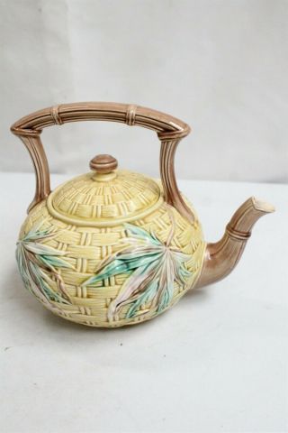 Antique George Jones Basket Weave Leaves Upright Handled Majolica Teapot