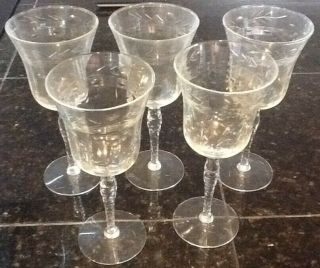 Fostoria Clear Stem Etched 7 3/4 " Set Of 5 Wine Glasses