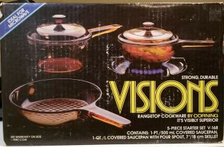 Amber Visions Cookware 5 Piece Starter Set V - 168 1 Pint,  1 Qt,  1 - 7 " Skillet Nib