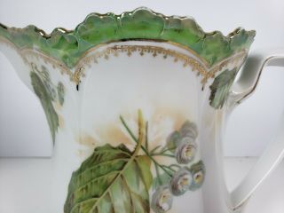 Antique RS Prussia Gilded Leaves Porcelain Floral Pitcher Lemonade Water Luster 2